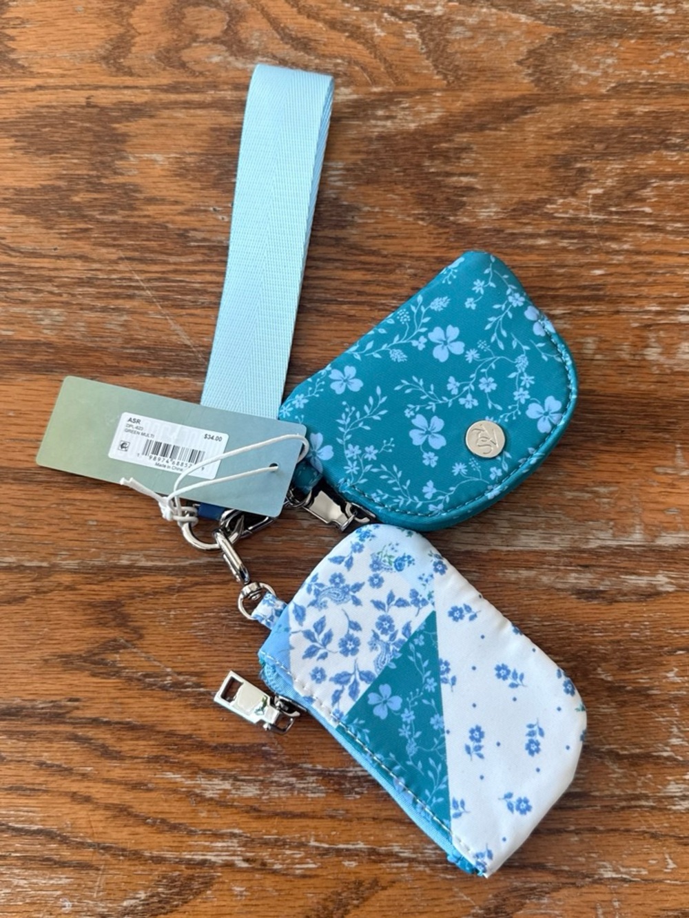 Floral Teal & Light Blue Wristlet Key Pouch Set